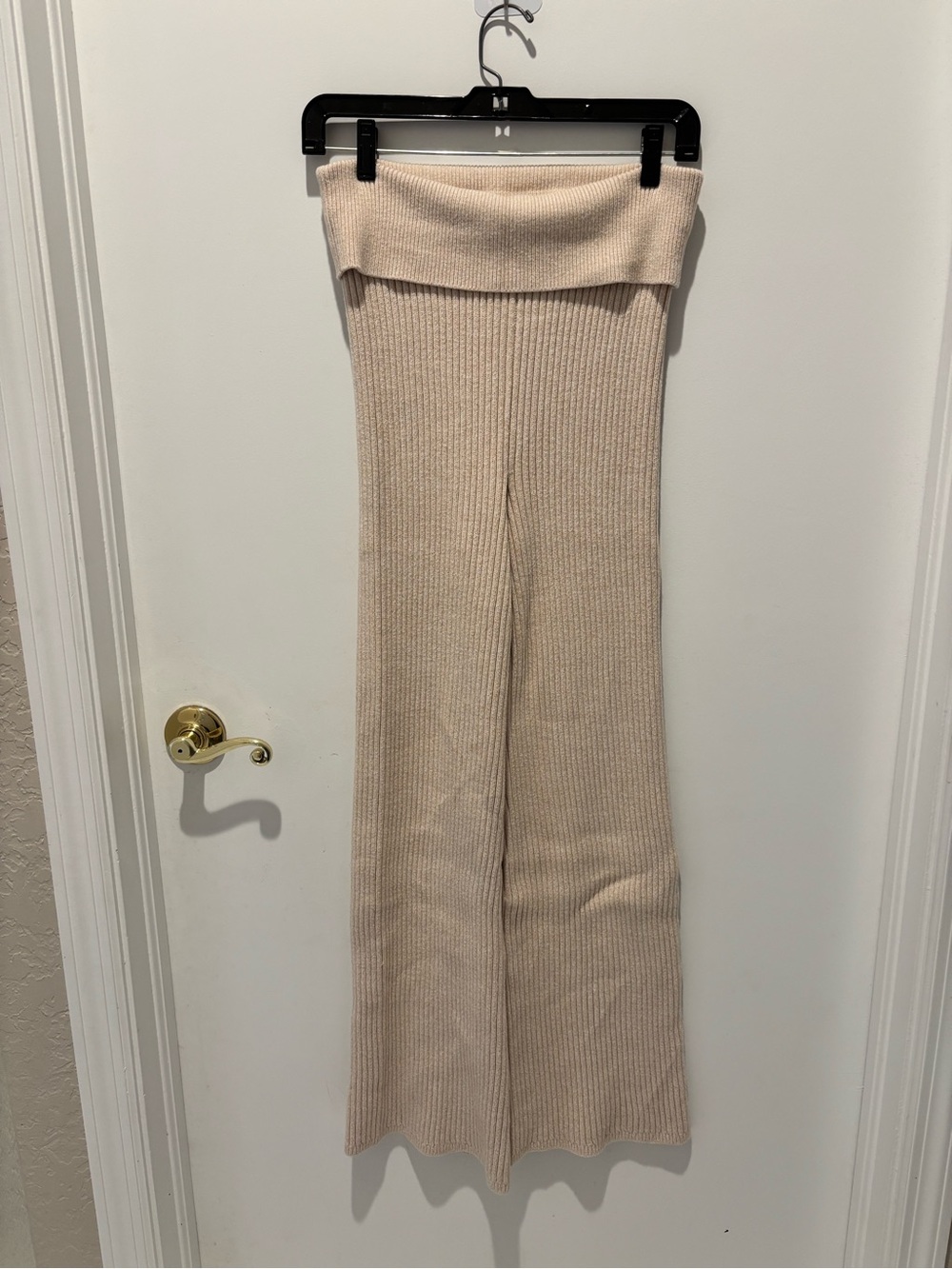 aerie Rib-Knit Wide-Leg Fold-Over Waist Pants - Cream